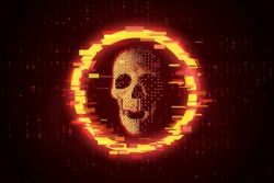 Abstract Skull Shape Binary Code. System Hacking Attack. Online Security and Safety Concept. Glitch Skull Inside Circle Malware Attention Sign. Computer Hacked Error Concept. Vector Illustration.