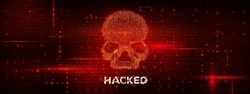 HACKED. Online Data Breach. Hacker News. Network DDOS Cyber Crime Concept. Abstract Digital Background. Skull Sign over Binary Programming Code. Vector Illustration.