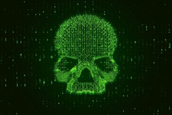 Vector Skull Constructed With Green Binary Code. Internet Piracy Hacking Security Concept. Malware Virus Ransomware System Glitch Abstract Visualization. Hacking Big Data Vector Background