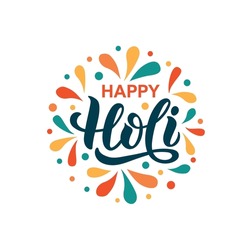 Happy Holi handwritten text. Hand lettering, modern brush ink calligraphy isolated on white background. Indian festival of colors theme. Vector illustration Typography flat design for card, poster
