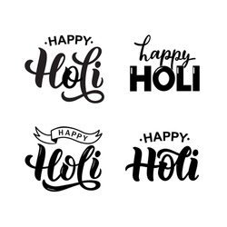 Happy Holi set of handwritten phrases. Hand lettering, modern brush ink calligraphy isolated on white background. Indian festival of colors theme. Vector illustration for card, poster