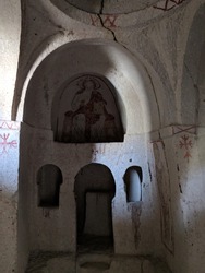 A view of the interiors of a cave church in Goreme, Cappadocia 