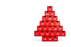 Isolated advent calendar.  Red Christmas tree made out of cardboard with white numbers. All numbers visible. 