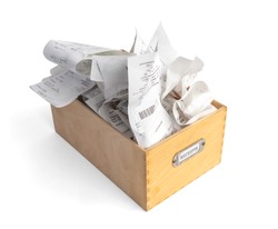 Overfilled box of receipts for filing taxes and deductibles. Wooden storage box with 