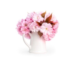 Cherry blossom in vase of jug. Isolated flower bouquet used as table center piece for weddings, parties, events or sakura spring decoration.  Pink flowers from Kwanzan cherry tree. Selective focus.