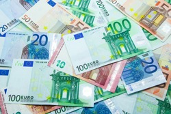 Euro banknotes in 10, 20, 50, and 100