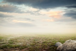 Simple beautiful surreal landscape with grass and ground on misty background
