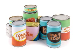 a collection of generic labelled food tins or cans, tomatoes, beans, tuna and soup isolated on white