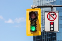 A No Right Turn On Red pictograph sign next to a traffic signal showing a green go light