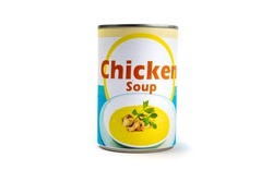 A fake generic labelled food can of chicken soup isolated on white