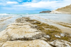 Panoramic of the Scala dei Turchi or Stair of the Turks or Turkish Steps, rocky cliff formed by marl, on the coast of Realmonte in Sicily, Italy