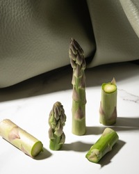 Asparagus on beautiful background. Creative art, original food layout of sliced vegetable plant. Modern kitchen, cooking, vegetarian, fresh, green, healthy, ecological food concept. Selective focus