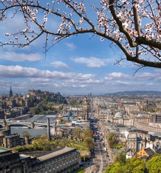 Panorama of old town with Princess street and Edinburgh castle during spring time in Scotland