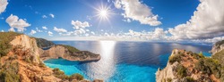 Beautiful Navagio beach panorama with shipwreck on Zakynthos island in Greece