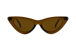 Brown bold triangular cat eye sunglasses with matte lenses and thick frames isolated on white background. Front view.
