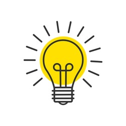 Color yellow light bulb, isolated on white. Concept creative idea and innovation. Line flat design. Vector illustration.