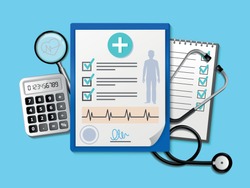 Medical research report or contract vector, flat cartoon health or medical paper record or insurance document on the desktop from above, medicine concept checklist,.