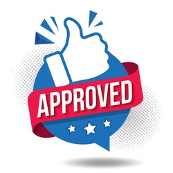 Approved icon. The blue label is accepted with the thumb up. The badge has been tested and verified. Vector illustration approved flag of quality check icon. Featured product with logo for promotion.