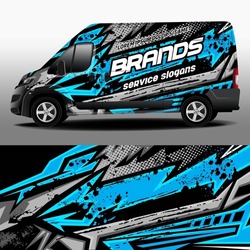 Cargo van wrap designs. Graphic abstract blue and gray grunge stripes for car branding. Modern camouflage design for vehicle vinyl wrap
