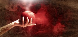 Woman hand with red apple isolated on red sky background, Christianity sin.