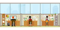 Office interior. workers sitting at desks and work on the computer. Vector illustration in a flat style. 