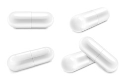 White Medical Pills or Capsules icon set closeup, isolated on transparent background. Capsules for Graphics, Mockup. Medical and Healthcare Concept. Vector 3d Realistic illustration