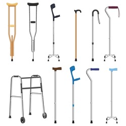 Set of mobility aids including walker, walking sticks and crutches. Telescopic metal canes, wooden cane, cane with additional support, telescopic crutch, wooden crutch. Medical devices. Vector flat