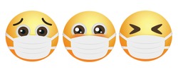 Popular high quality emoticons isolated on a white background.Round yellow cartoon emoticons with medical mask.Emoticon vector.Mask emoji.
