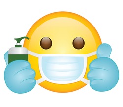 High quality emoticon on white background.Emoji with hand gloves ,sanitizer and mask vector. Face With Medical Mask and gloves and bottle emoji.Mask emoji. Medical Mask emoticon.Thumbs up emoji.