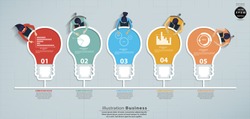 Businessman and  Lady  Brainstorming - Light bulbs 5 Colorful - Modern design Idea and Concept Vector illustration  Infographic template.