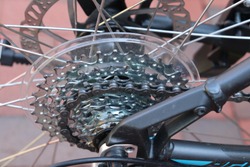 metal bicycle gears and chain on a ten speed bike