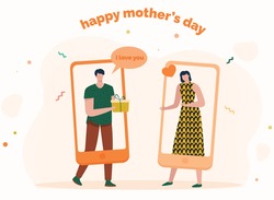 Send gift for your mother. Happy mother's day. Present, gift, online delivery. Delivery gift in the holiday during covid 19. Corona Virus. Online shopping. Son and mom. Flat vector illustration. Buy.