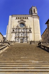 Girona Cathedral with its impressive facade and huge staircase to the entrance of the temple, Catalonia, Spain.