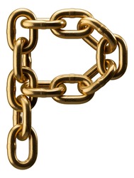 Golden chain alphabet. Letter P isolated on white background. 3d illustration.