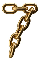 Golden chain alphabet. Number 7 isolated on white background. 3d illustration.