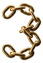 Golden chain alphabet. Number 3 isolated on white background. 3d illustration.