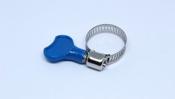 set of multipurpose hose clamps isolated on white background. The clamp is a piece of metal that serves to secure pipes or conduits of any type, whether they are vertical, horizontal or suspended