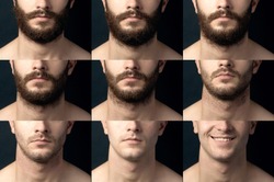 Beard, shave before and after. Male chin close-up with a beard, bristles and smooth-billed. Collage of varying degrees of hair growth.