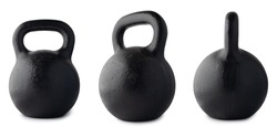Kettlebell set view USSR cast iron black isolated on white background. Weight 2 pood, 72 pound, 32 kilogram.
