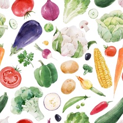 Beautiful seamless pattern with hand drawn watercolor healthy vegetable food. Eggplant cabbage corn broccoli zucchini lettuce papper potato illustrations