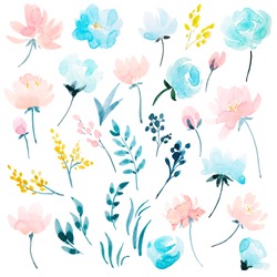 watercolour floral  set , delicate flowers, yellow, blue and pink flowers, greeting card template