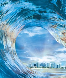 Inside Out Hollow Wave Surfer's view inside out of hollow crashing tube riding ocean wave cityscape inside it.