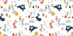 Lovely hand drawn Easter seamless pattern, doodle bunnies, eggs and flowers, great for banners, wallpapers, wrapping, textiles - vector design