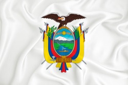A developing white flag with the coat of arms of Ecuador. Country symbol. Illustration. Original and simple coat of arms in official colors and the right proportion