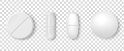Vector 3d Realistic White Medical Pill Icon Set Closeup Isolated on Transparency Grid Background. Design template of Pills, Capsules for graphics, Mockup. Medical and Healthcare Concept. Top View