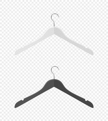 Vector 3d Realistic Clothes Coat Wooden Textured Black, White Hanger Set Closeup Isolated on Transparent Background. Design Template, Clipart or Mockup for Graphics, Advertising etc. Front, Top View