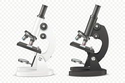 Vector 3d Realistic White, Black Laboratory, School Microscope Set Isolated. Chemistry, Microbiology Tool. Science, Lab, Research, Education Concept. Design Template, Mockup. Front View