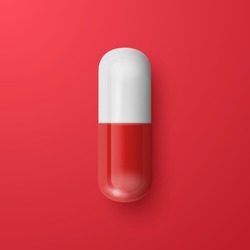 Vector 3d Realistic Red and White Pharmaceutical Medical Pill, Capsule, Tablet on Red Background. Front, Top View. Medicine, Health Concept