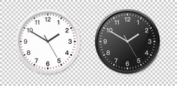 White and black wall office clock icon set. Design template closeup in vector. Mock-up for branding and advertise isolated on transparent background.