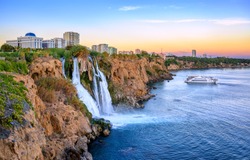 Lower Duden waterfalls on Mediterranean sea coast, Antalya, Turkey, in sunset light